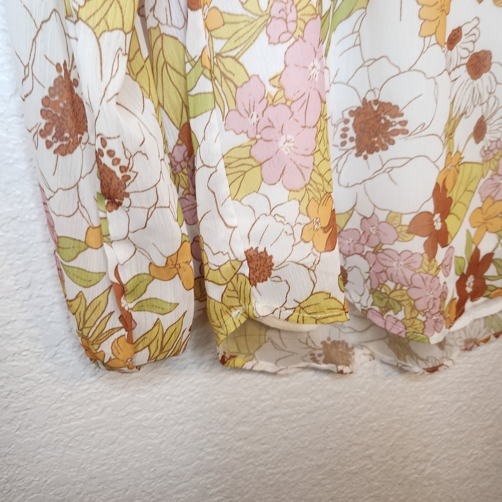 BTFBM Retro Floral Blouse V-Neck Long Sleeve Lined Women's Medium Orange Pinks - Picture 7 of 16